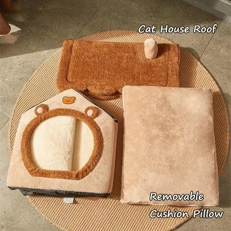 Cat Bed Cave, Cute Bear Shape Cat Beds for Indoor Cats, Pet House Cats Tent with Removable Cushion Pillow