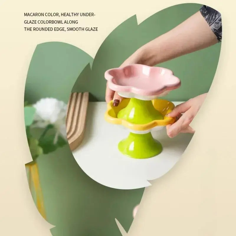 Ceramic Raised Cat Bowl With Flower