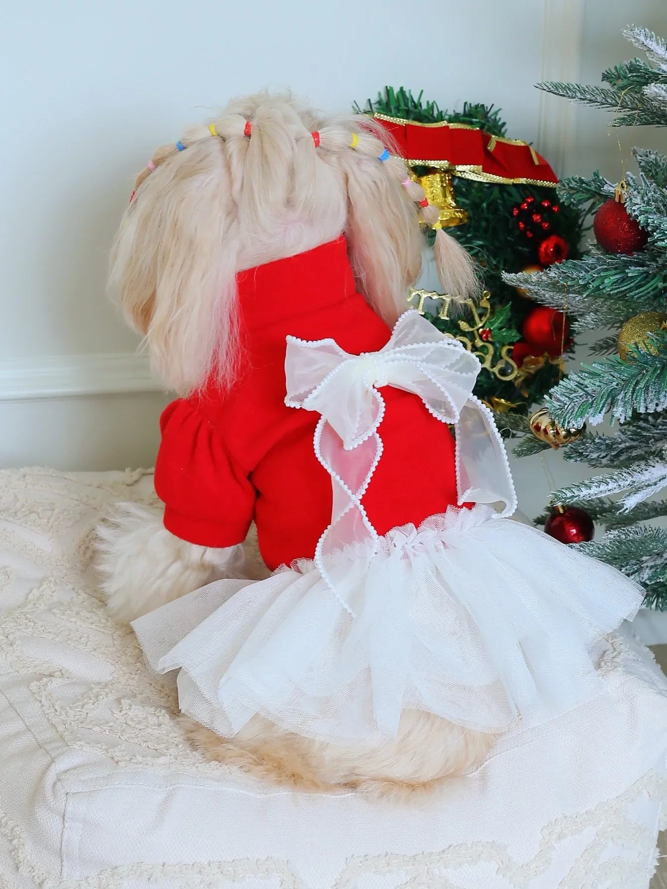 Red Tweed Dog Dress with Lace Back Bow