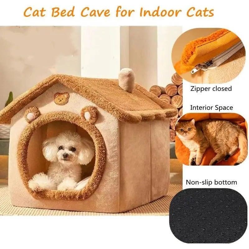Cat Bed Cave, Cute Bear Shape Cat Beds for Indoor Cats, Pet House Cats Tent with Removable Cushion Pillow