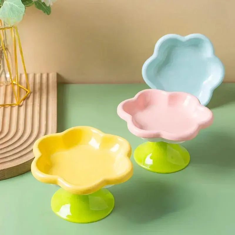 Ceramic Raised Cat Bowl With Flower Design, Elevated Cat Food Bowl Water Plate Snack Dish With Stand For Neck Protection Dog Cat and Dog Bowls Set 24 hours pet water fountain