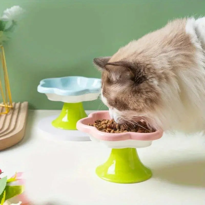 Ceramic Raised Cat Bowl With Flower Design, Elevated Cat Food Bowl Water Plate Snack Dish With Stand For Neck Protection Dog Cat and Dog Bowls Set 24 hours pet water fountain