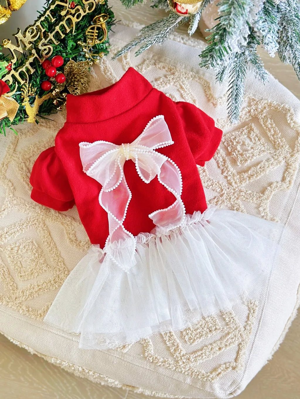 Red Tweed Dog Dress with Lace Back Bow